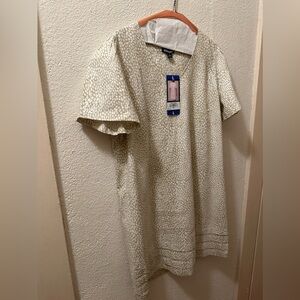 Nicole Miller Original Dress Beige/ White Linen Blend Animal Print Short Sleeve